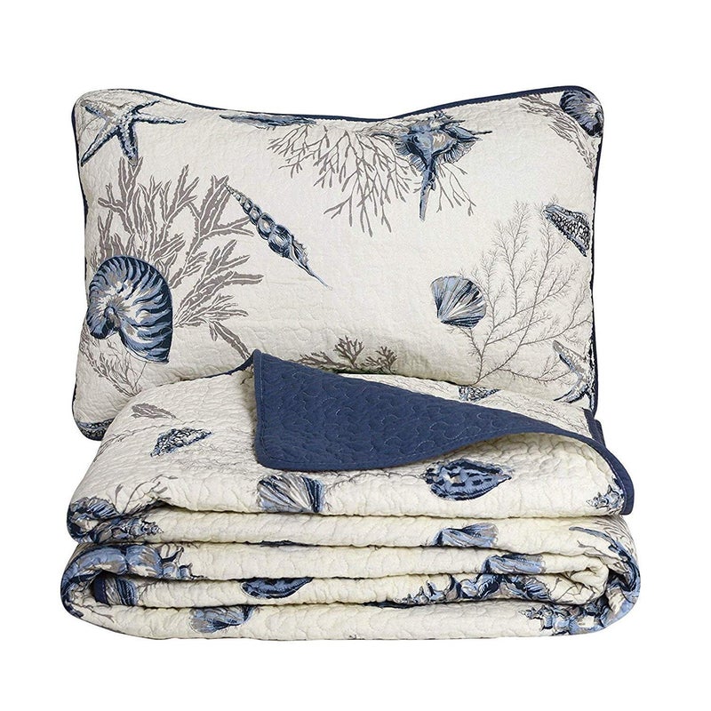 Brandream Coastal Seashell Beach Bedding Quilt Set Nautical Coverlet Set King Size 100% Cotton 3-Piece - Image 1